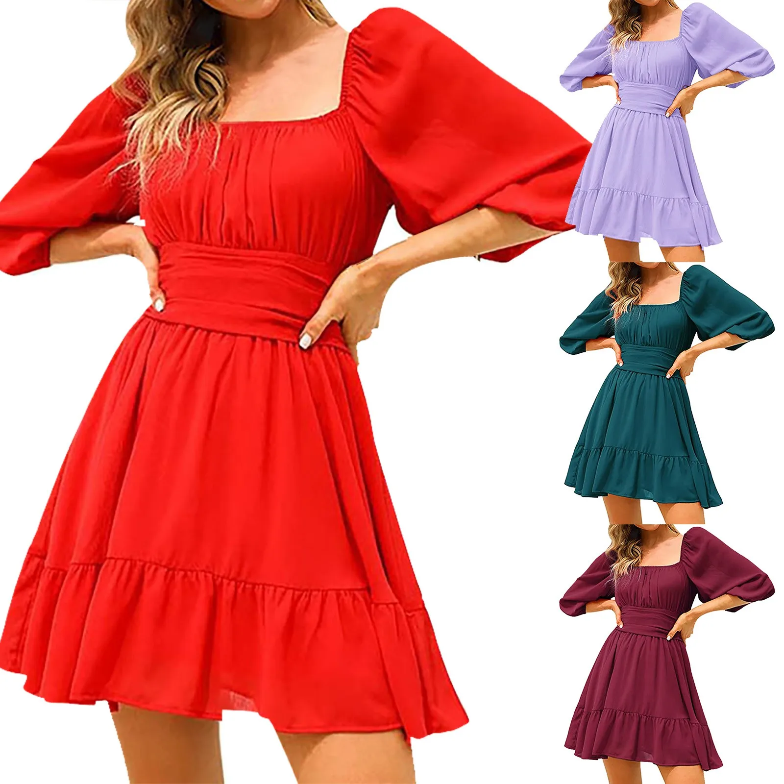 

Women's Fashion Dress Sleeve Straight Neck Skirt Ruffle Back Sexy Slim Dress Fitting Medium Length Chiffon Dress Long Dress