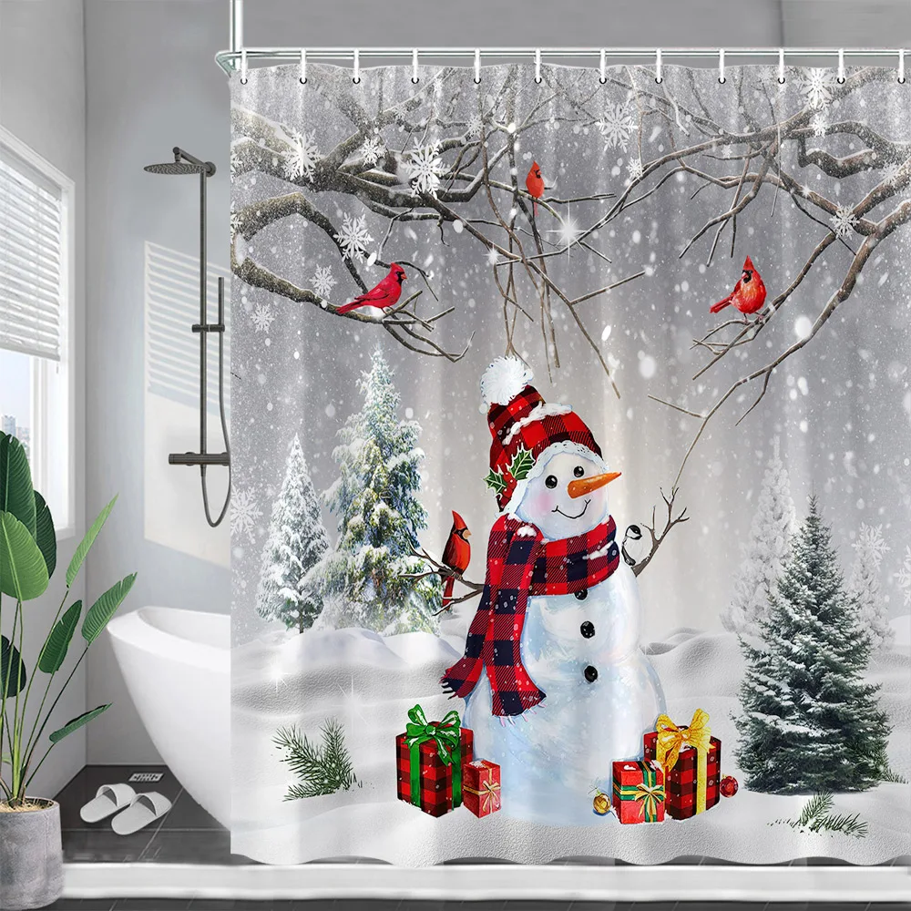 

Забавные рождественские занавески для душа с изображением снеговика, Зимний лес, кедр, Красные Птицы, новогодний подарок, Рождество, домашний настенный тканевый Декор для ванной комнаты