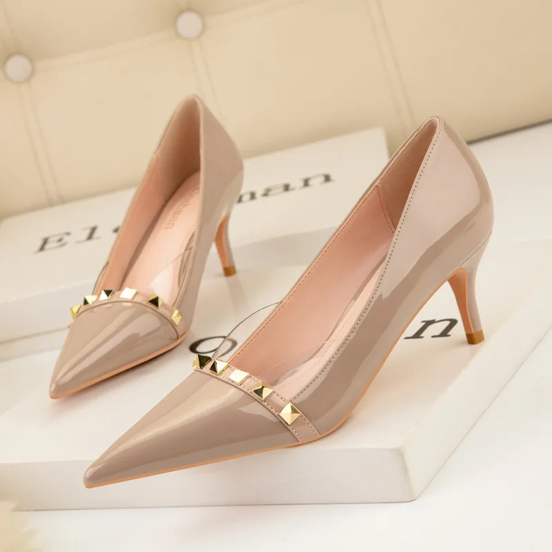 Women Sexy Elegant Heels Slimming Transparent High Heels Stiletto Patent Leather Sandals Low-Cut Pointed-Toe Metal Rivet Shoes