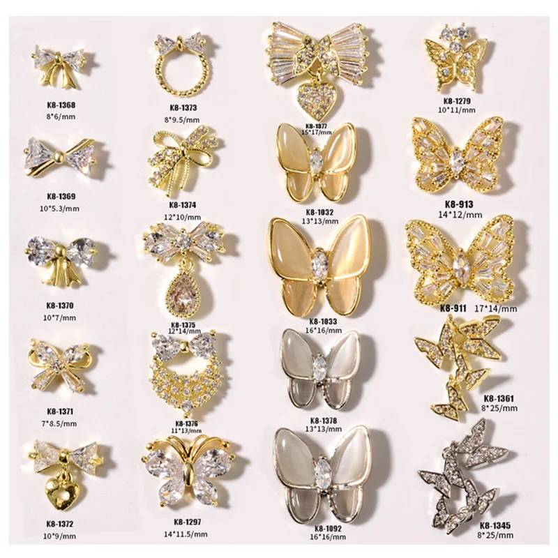 

3pcs Nail Zircon Decoration Cat Eye Stone Butterfly Bows Pendants Gold Alloy For Nail Manicure Beauty
