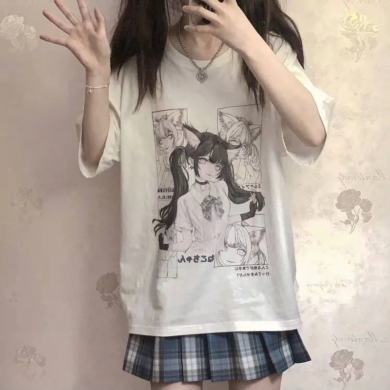

MINGLIUSILI Kawaii Graphic Tee Summer 2022 Fashion Print Tshirts for Women Short Sleeve Oversize White Cartoon Casual Tshirt