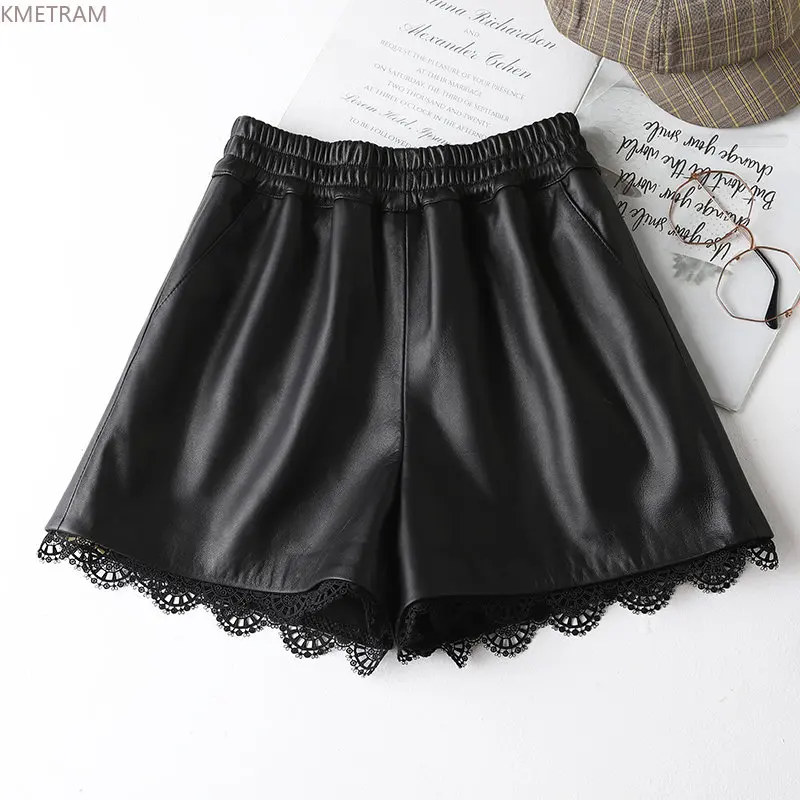 

Шорты женские трапециевидные из натуральной овечьей кожи, Короткие штаны с завышенной талией, уличная одежда с кружевом, черные