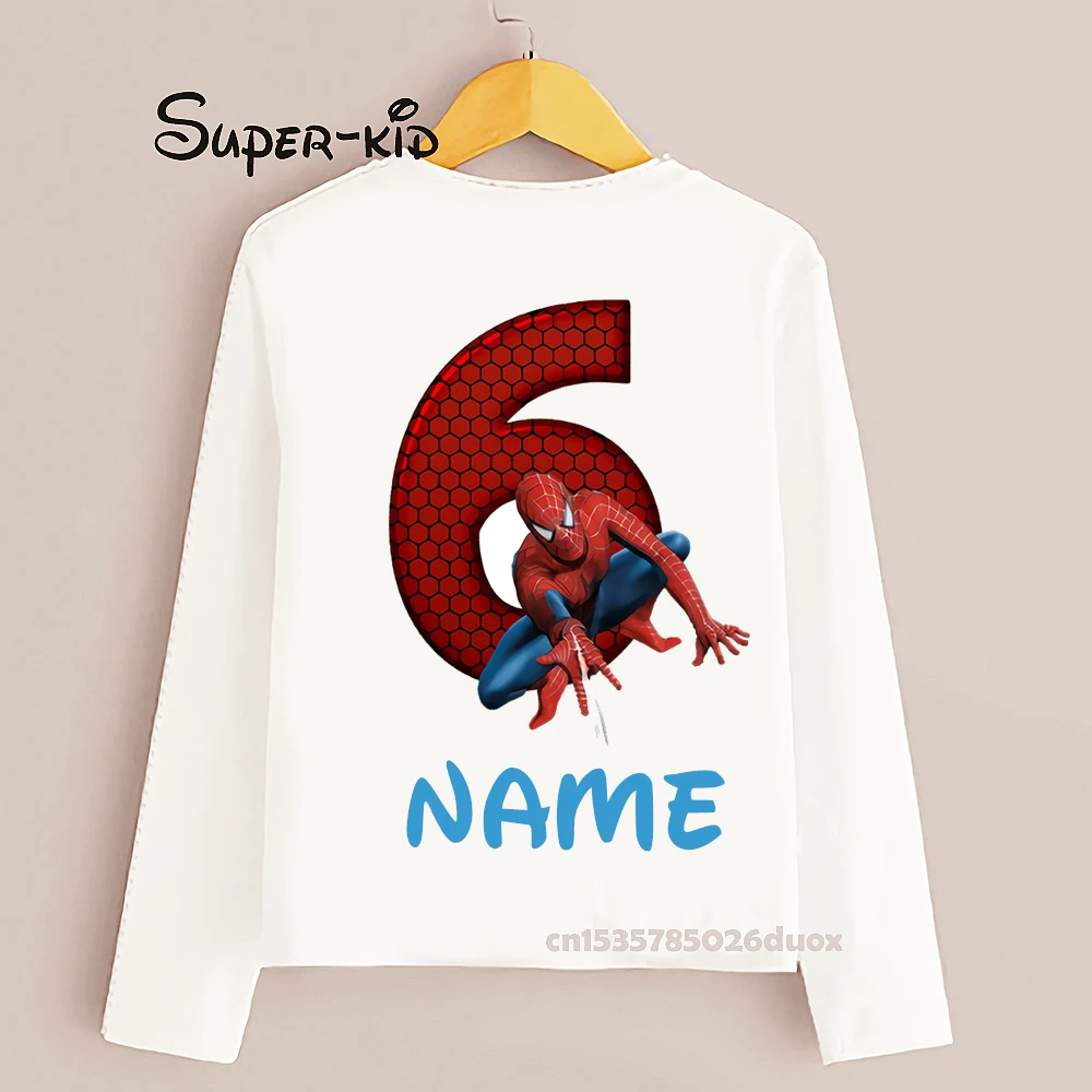 

Boys girls Birthday Number 2-9th Marvel Spiderman Shirts Kid Custom Name White Long Sleeve T-shirt Kids Birthday Present Clothes
