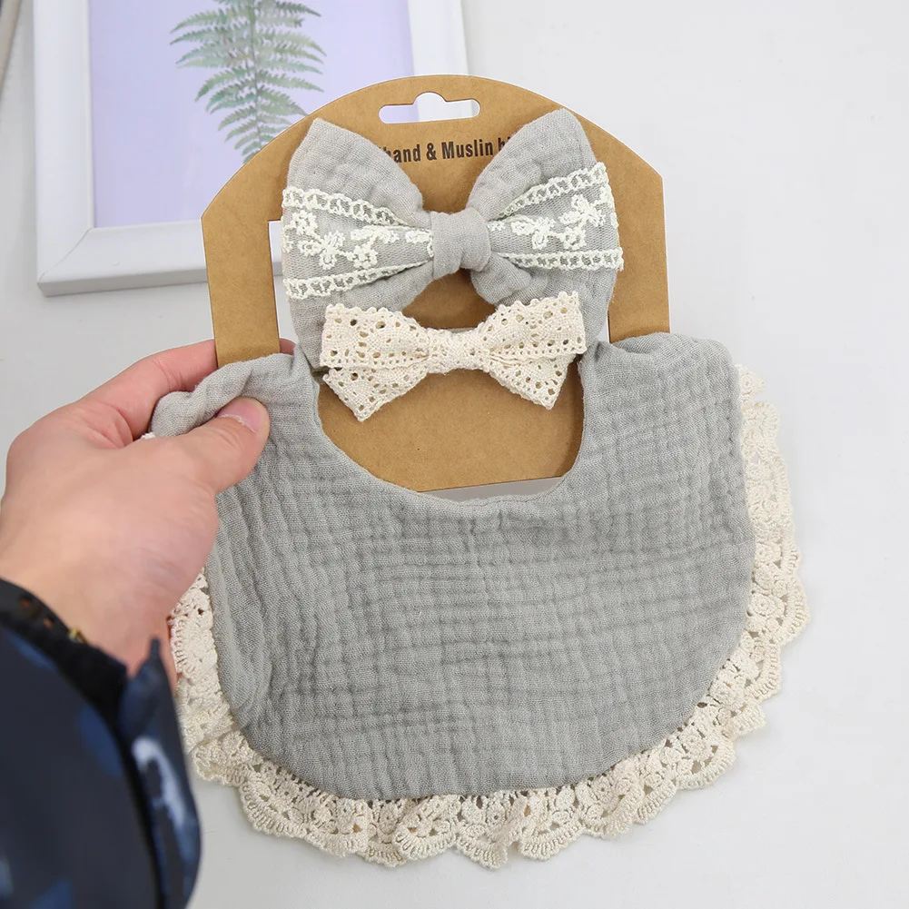 

3Pcs/Set Infant Cotton Gauze Solid Saliva Towel New Baby Muslin Bibs with Headbands Set Newborn Drool Scarf Lace Edge Burp Cloth