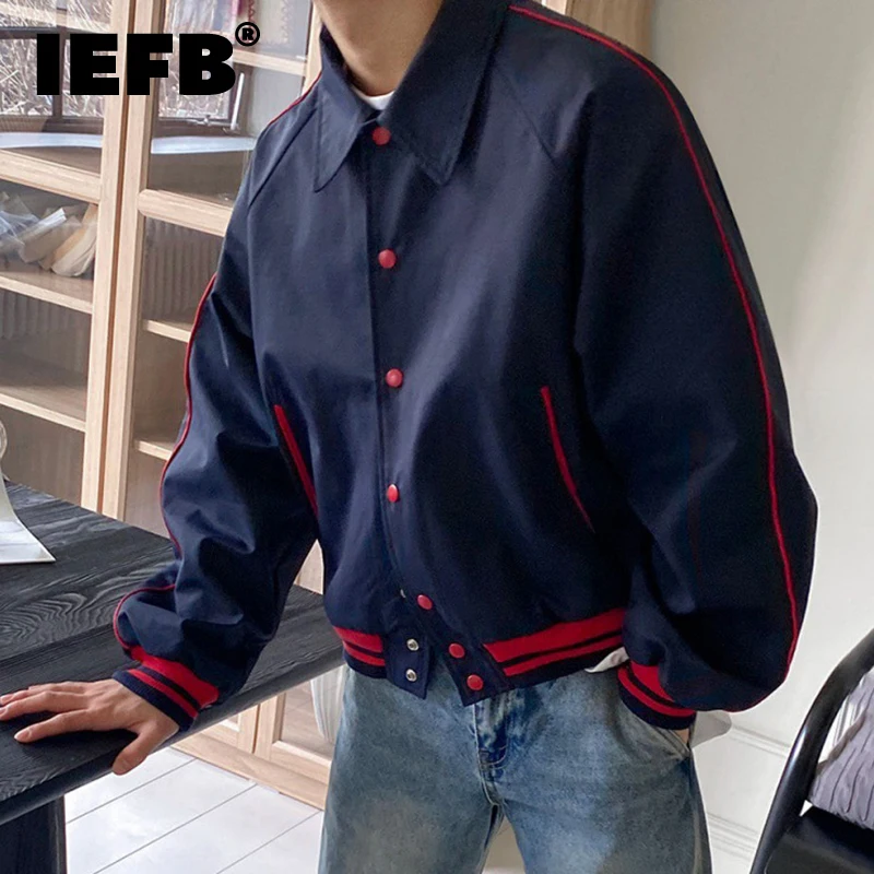 

Куртка IEFB с коротким отворотом Мужская, трендовая Повседневная Верхняя одежда, свободные топы в Корейском стиле, бейсбольная одежда контрастных цветов, 9C1075, на осень