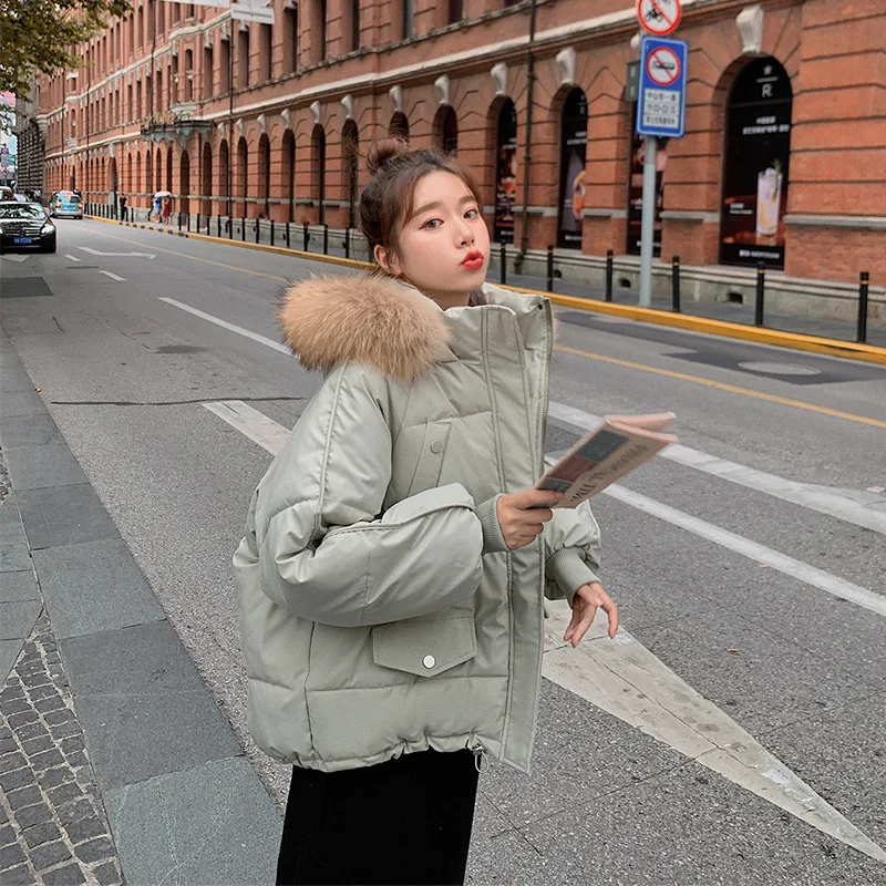 Winter Warm Hooded Parkas Women Loose Short Big Furry Collar Down Jacket Casual Commute Winter Clothing Solid Colors Overcoats