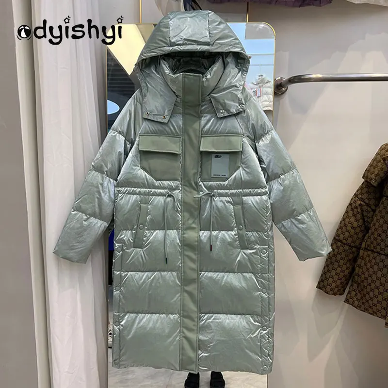 

Long Down Jacket Women Hooded Parka 2022 Winter Fashion Glossy High Quality 90% White Duck Down Coat Slit Dark Buckle Zipper