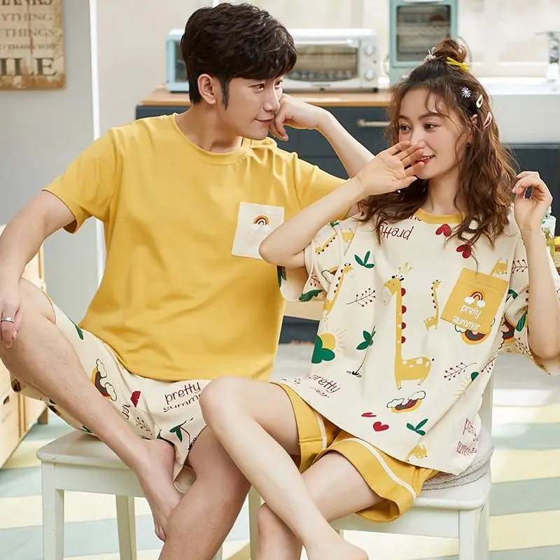 1 2 sets of price lovers pajamas women summer cute a man and a woman with short sleeves loose couple leisurewear suit
