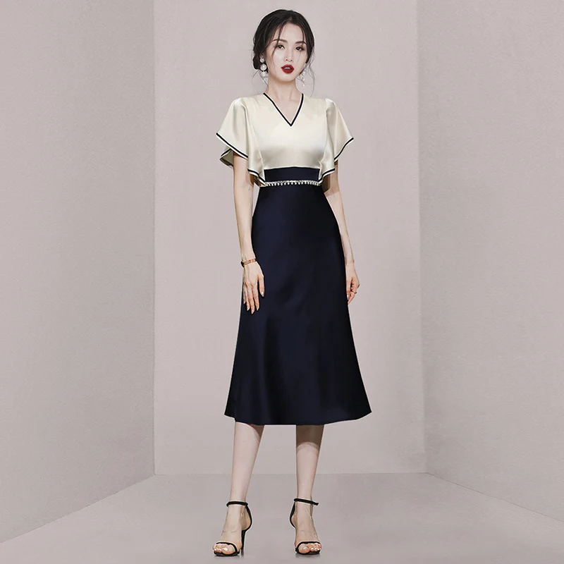 

Модное корейское платье на молнии с V-образным вырезом, женская одежда, Новинка лета 2023, офисные женские платья большого размера