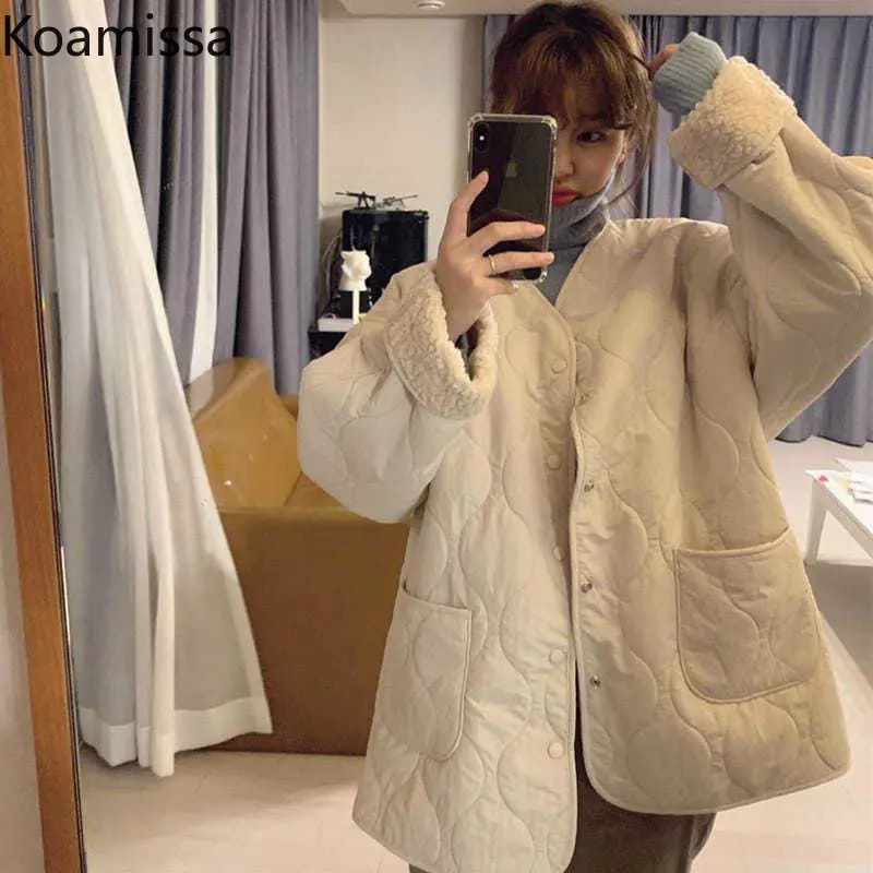 Koamissa Chic Korean Women Parkas Ladies Single Breasted V-neck Causal Loose Quilted Coats Femme Retro Lamb Wool Outwear Jackets