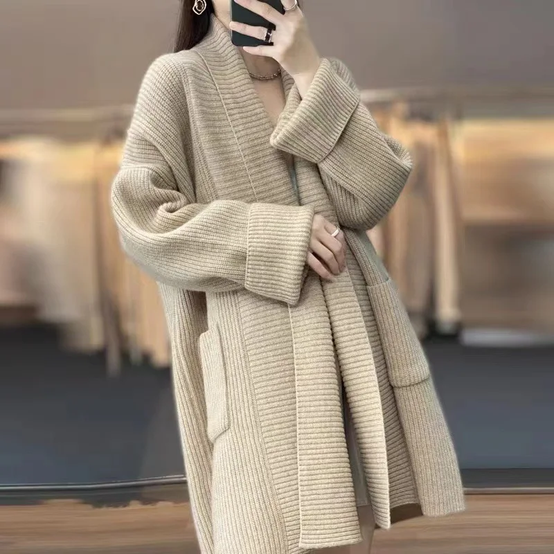 

2023 Lazy Knitted Cardigan Jackets For Women's Clothing Spring Autumn Harajuku Loose Lapel Solid Color Long Sweater Coat AC741
