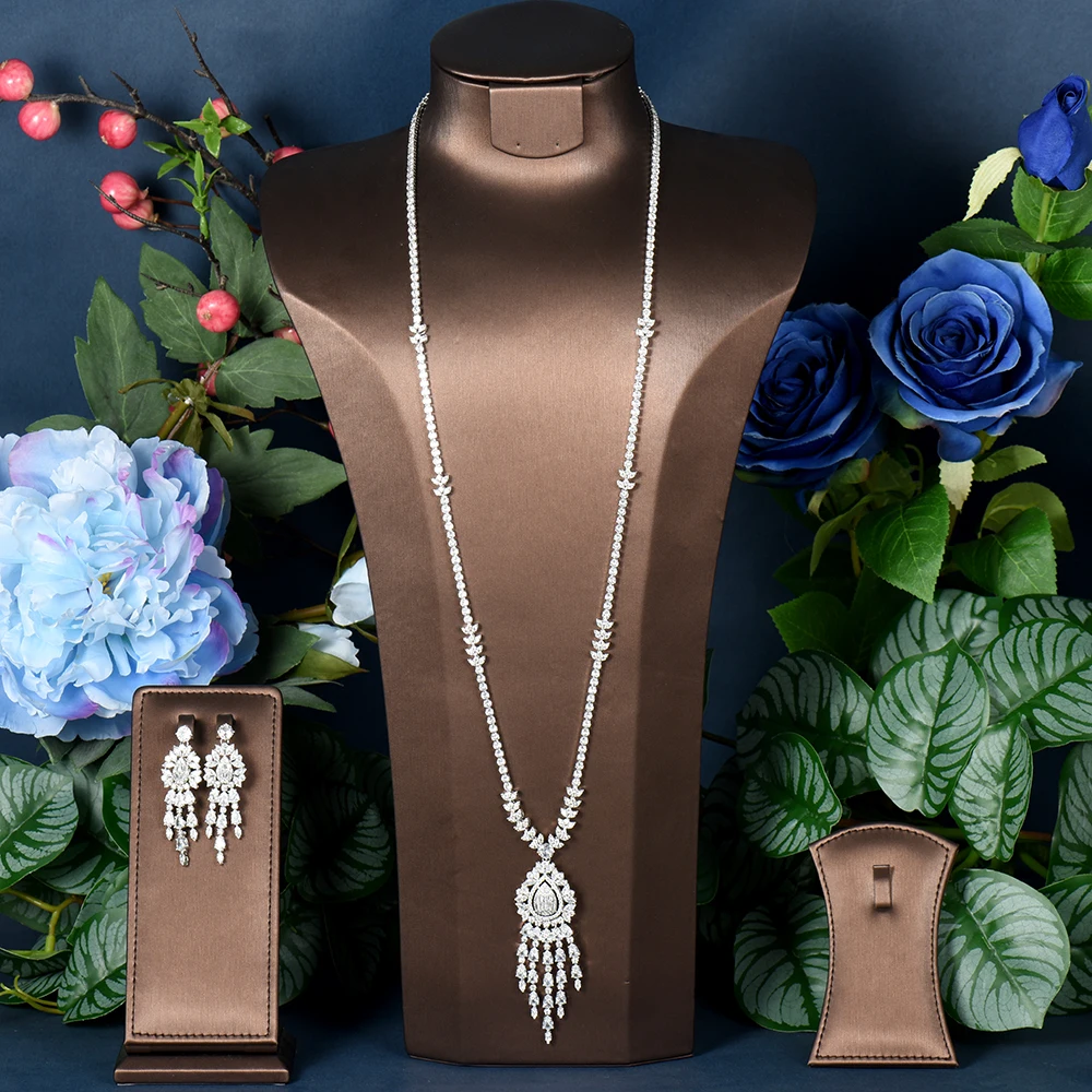 

HIBRIDE 2pcs Bridal Zirconia Jewelry Sets For Women Party CZ Dubai Nigeria Crystal Long Necklace Wedding Accessories N-1499