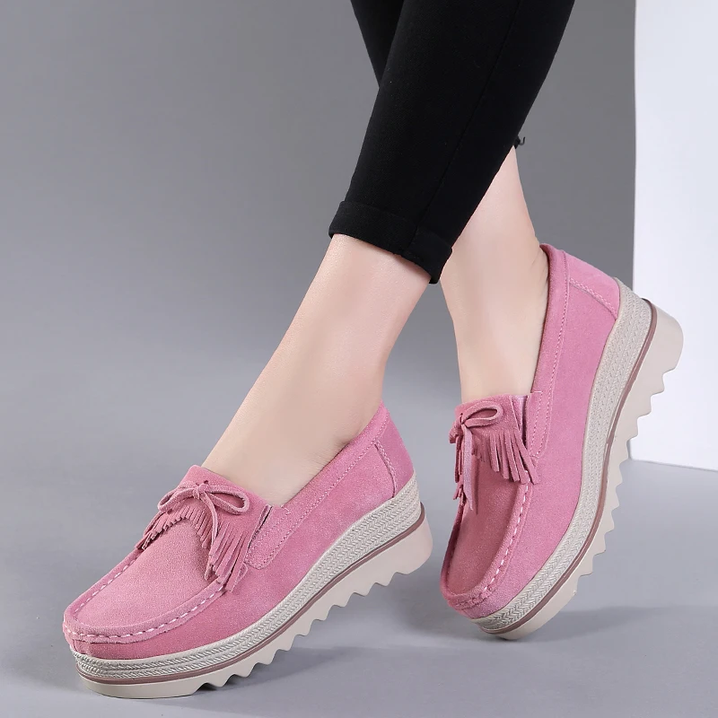 

2022 Spring Platform Women Shoes Flats Sneakers Suede Leather Women Casual Shoes Slip On Flats Heels Creepers Moccasins