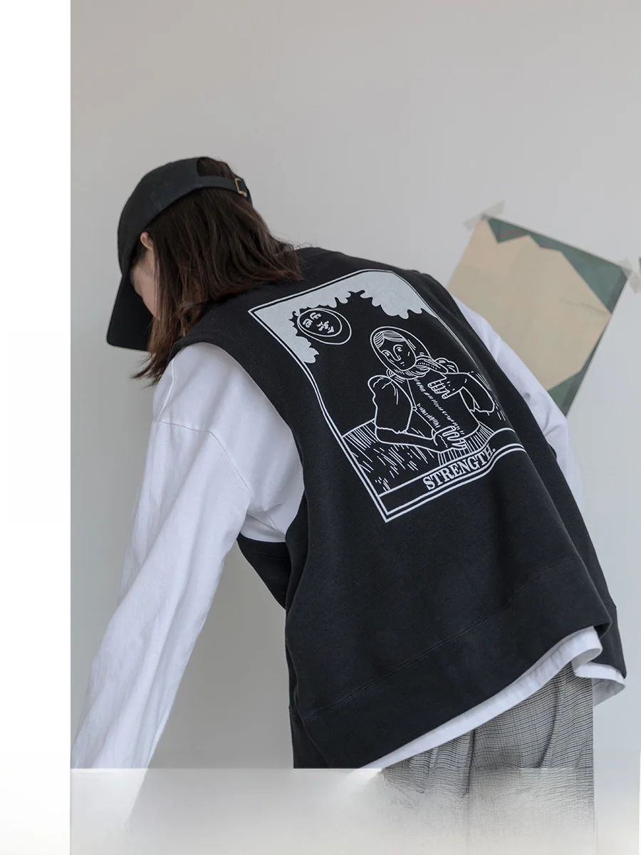 [Guier] Женский черный жилет с принтом на спине осень-зима 2023 свободный корейский в