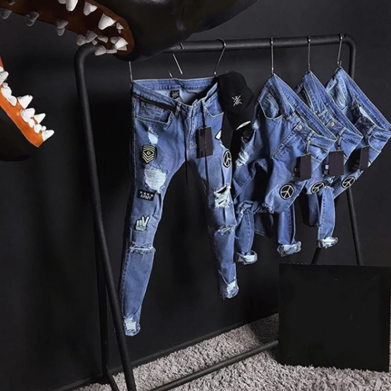 Black Jeans Men Stretchy Ripped Skinny Biker Embroidery Print Jeans Destroyed Hole Slim Fit Denim High Quality Hip Hop Pants