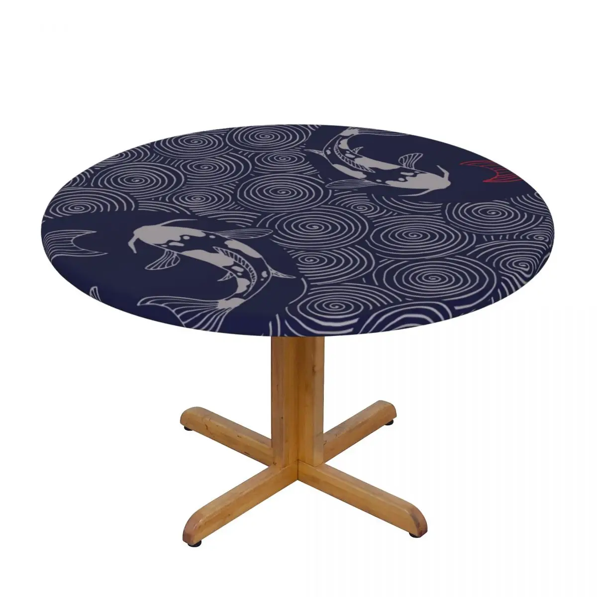 Round Table Cover for Dining Table Elastic Tablecloth Japanese Waves Koi Carps Blue Print Fitted House Hotel Decoration