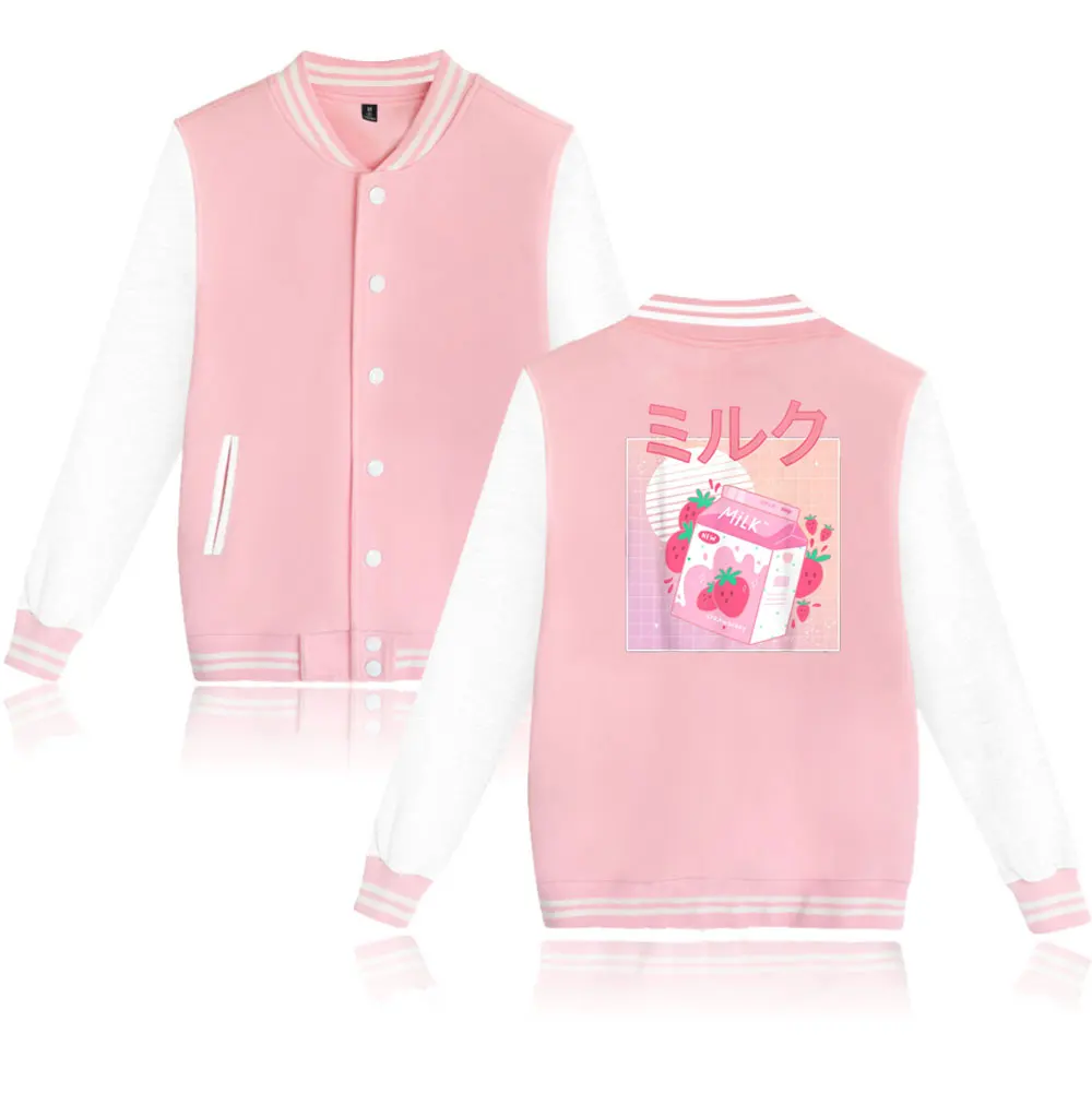 

Men women GeorgeNotFound Strawberry Milk Hip Hop Boy/girl Jacket Baseball Uniform Harajuku Bomber Jacket Streetwear Coats