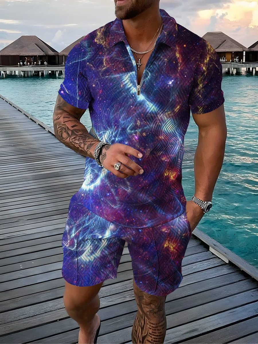 

New Galaxy Polo 3d Set Men's Tracksuit Casual Casual Shirt Short Sleeve+Shorts Flame Poloshirt Print Suits for Men 2 Pces Suits