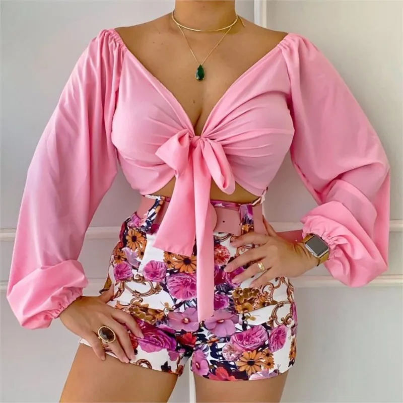 

Summer Ladies Fashion Casual Women's Sexy Crop Lace Up Knotted V Neck Top With Printed Shorts Slim Two Piece Set 2023 2XL