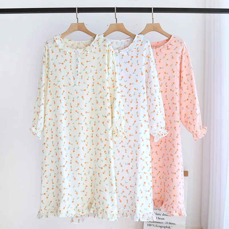 

Women Nightdress Long Sleeve Cotton Round Neck Sweet Multi Colors Pullover Spring Pajamas Long Night Wear Sleeping Dress