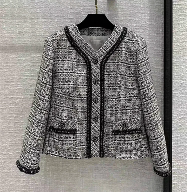 

Женская одежда в европейском и американском стиле, новинка весны 2023, однобортное модное твидовое пальто с длинным рукавом и V-образным вырезом и бусинами для ногтей