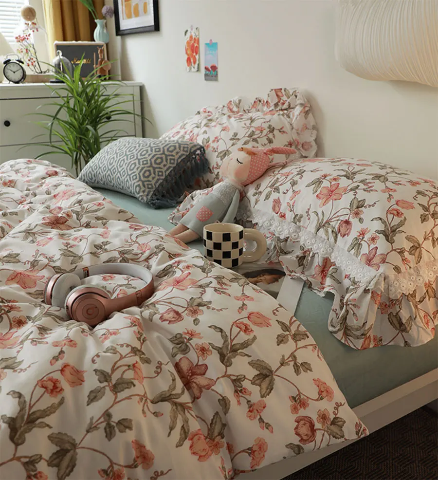 

Rustic pastoral vintage flower bedding set,fairyfair cotton twin full queen king home textile flat sheet pillow case duvet cover