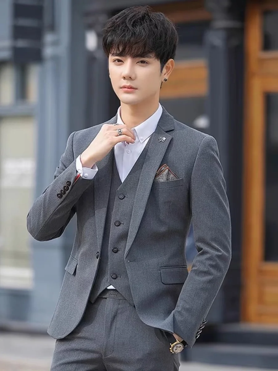 Outerwear Men's Trendy Handsome Professional Guest look Three-Piece Set Slim fit Korean Sle Suit set Bridegroom Wedding