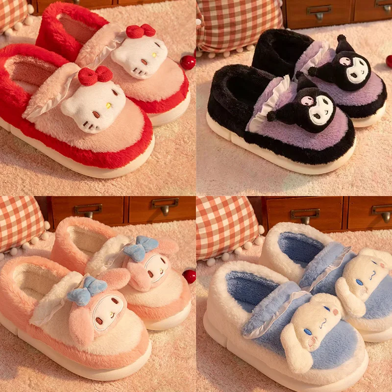 

Sanrio Hello Kitty Plush Package Heel Cotton Slippers Cartoon Kuromi Cinnamoroll Kawaii Winter Warm Slippers Home Essential