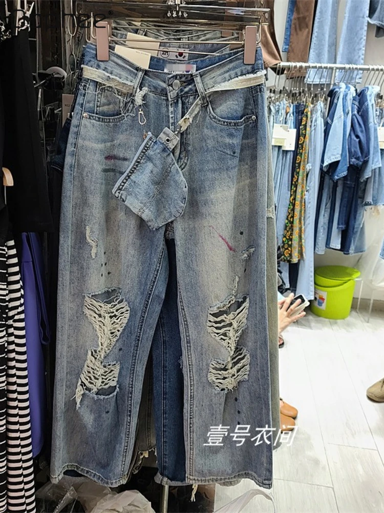 

Loose Slimming Cropped Straight Washed Distressed Denim Pants with Waist Bag 2022 Summer Ripped Beggar Jeans for Women with Belt