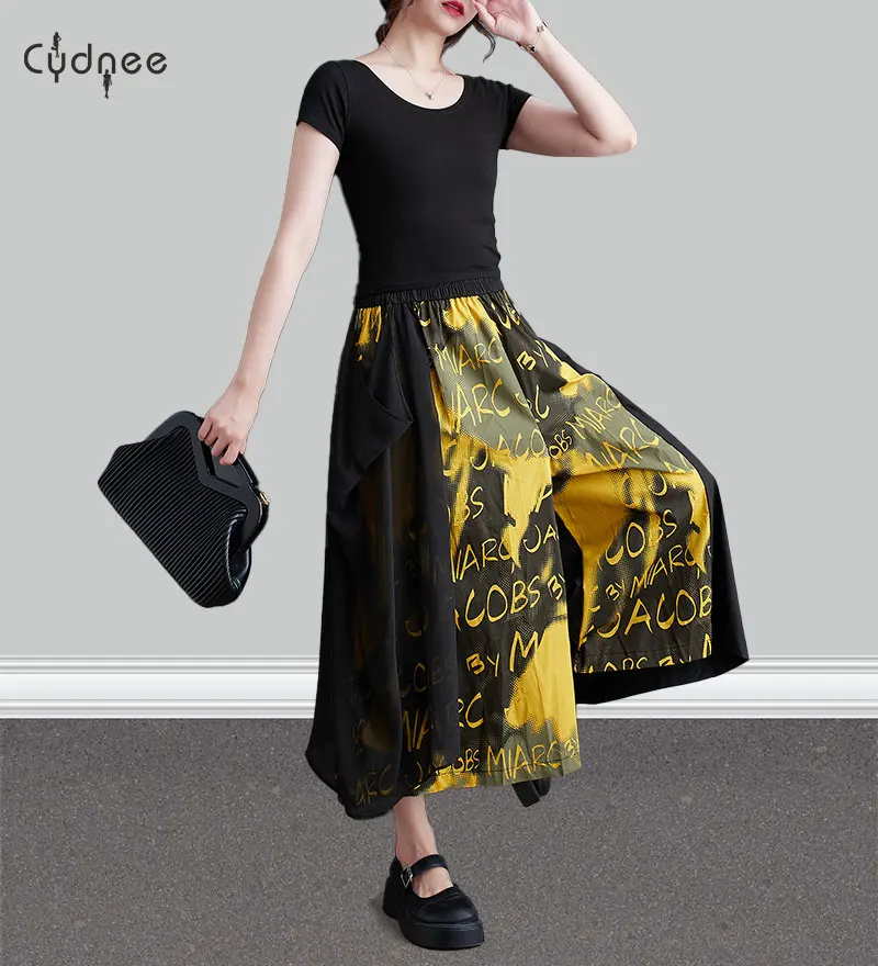 Женские летние широкие брюки-палаццо с высокой талией для отдыха в стиле пэчворк