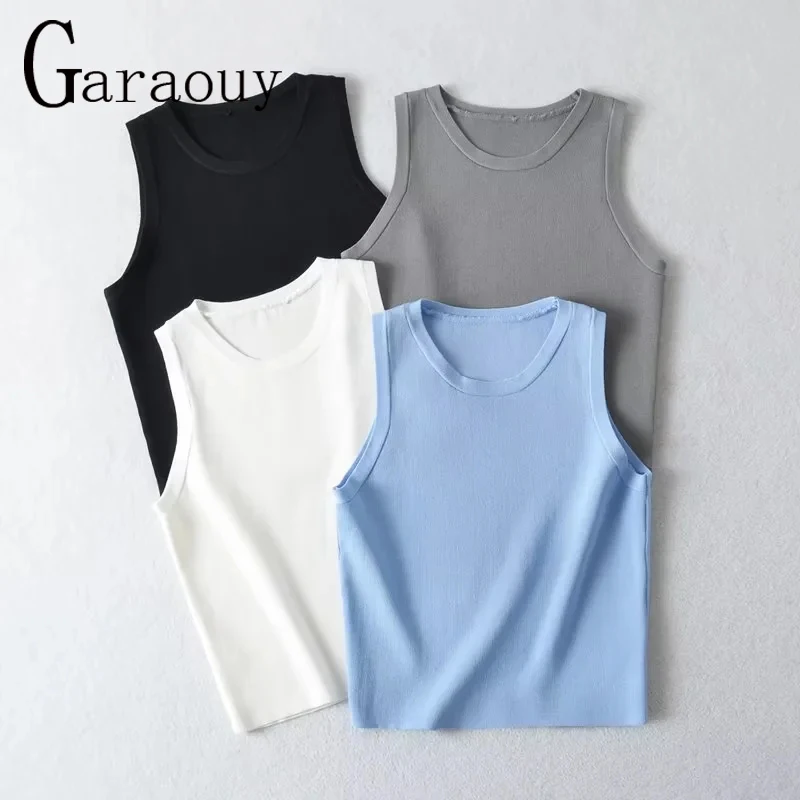 

Garaouy 2023 Summer Women's Knit O Neck Sleeveless Vest Tees Female Simple Solid Elastic Bottoming Shirt Tank Y2k Short Crop Top