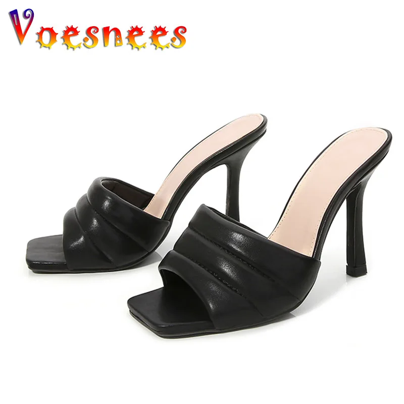 

Voesnees New Solid Color Square Head Women Thin Heel Slippers Fashion 9.5CM High Heel 2021 Summer Black Casual Sandals Size 41