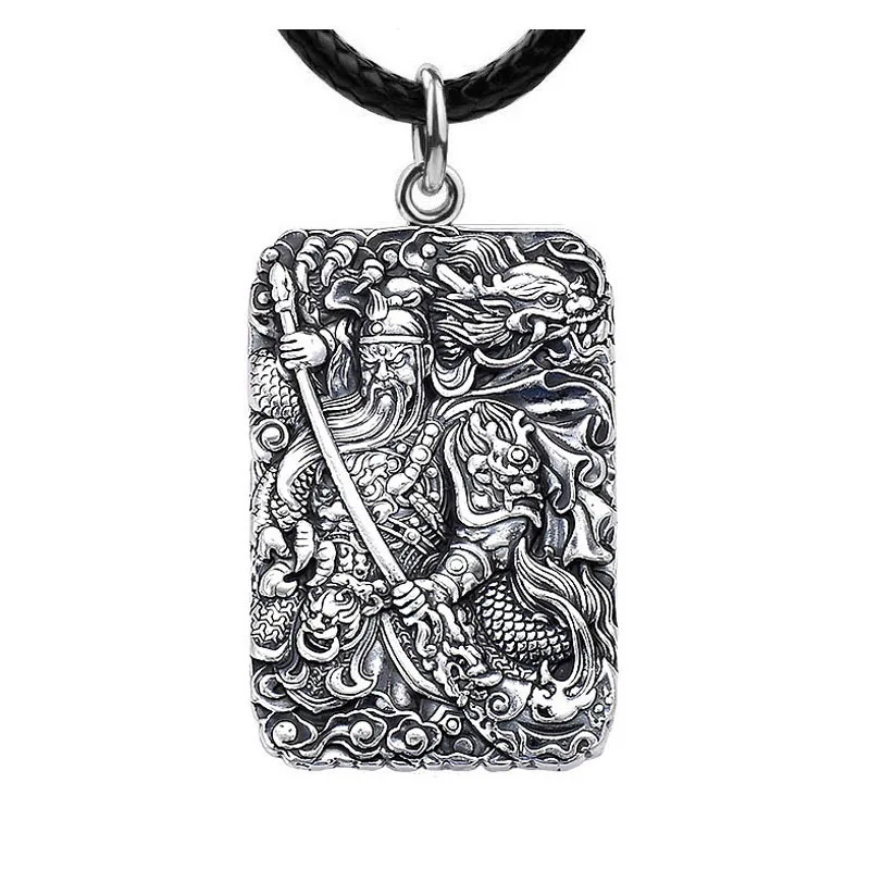 Властное серебряное прямоугольное ожерелье Guan Yu с кулоном для мужчин и женщин