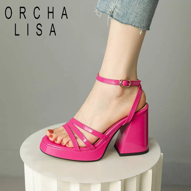 

ORCHA LISA Lady Sandals Patent Leather Open Toe Buckle Strap Platform 2cm Block Heel 9.5cm Solid Sexy Dating Shoes Big Size 43