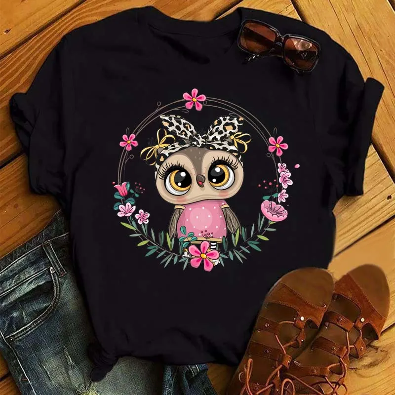 

Cartoon Owl Print T Shirt Women Kawaii Graphic Shirts Clothes Casual Short Sleeved Female Tee O-neck Harajuku Ladies T-shirt 6xl