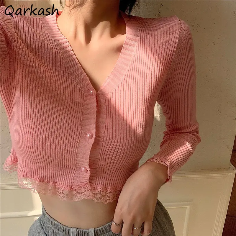 

Knit Cropped Cardigans Women Simple Solid Slim New Spring Sexy Lace Designed Korean Style Hotsweet Girls Streetwear Popular Chic