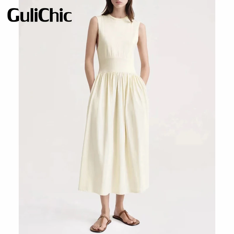 

3.6 GuliChic Women Temperament Casual Comfortable Cotton Collect Waist A-Line Midi Sleeveless Dress