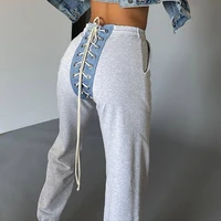 womens clothing 2022 new solid color casual stitching high waist denim sexy cross straps and feet loose trousers casual pants