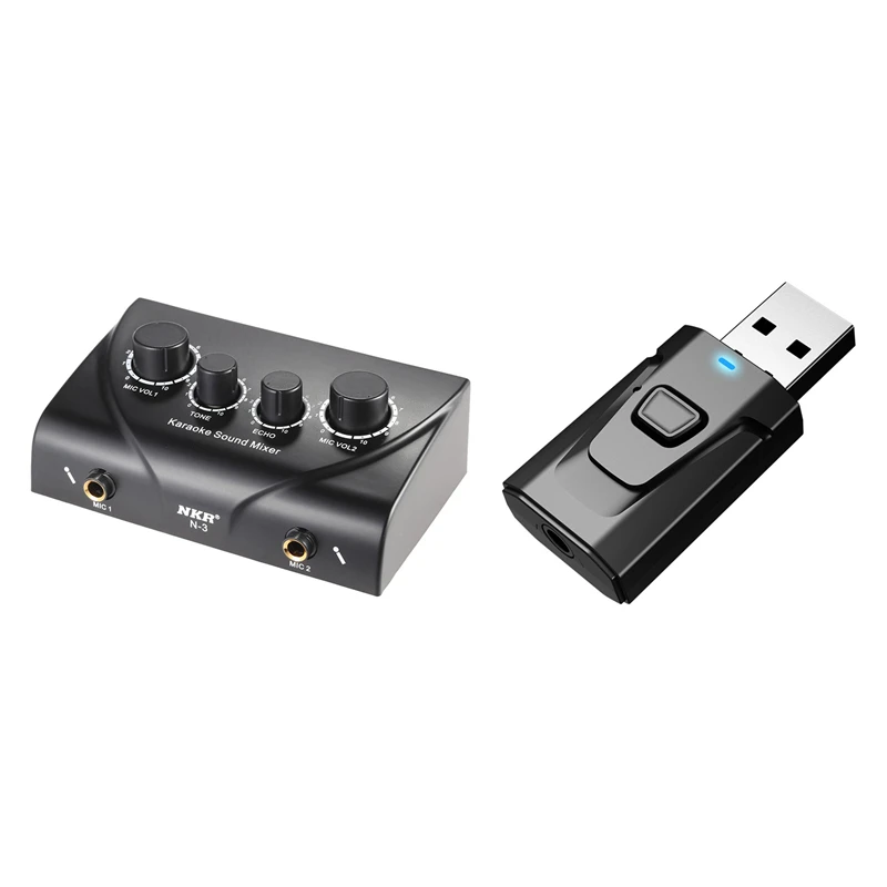 

Dual Mic Inputs Audio Sound Mixer For Amplifier Black Us Plug & 4 In 1 USB Bluetooth Transmitter Receiver