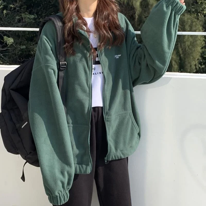 

Zipper Women Coats Autumn Winter Fashion Long Sleeve Turn-Down Collar Zipper Jacket Casual Plus Size Thick Sweatshirt Outerwear