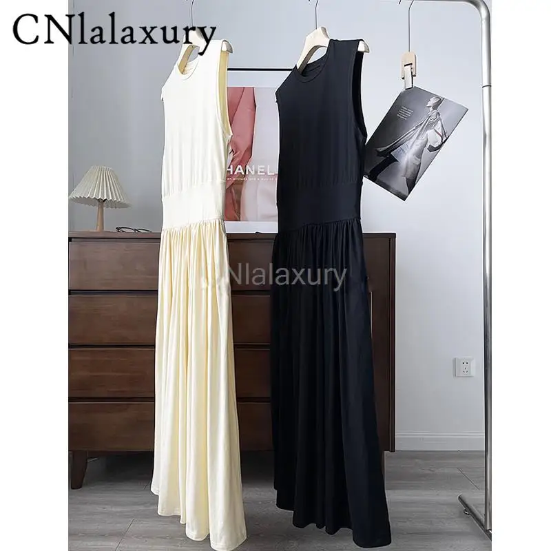 

CNlalaxury 2023 New Fashion Women Summer Vintage Sleeveless Vest Dresses Solid Casual Simple Versatile Long Dress Female Chic