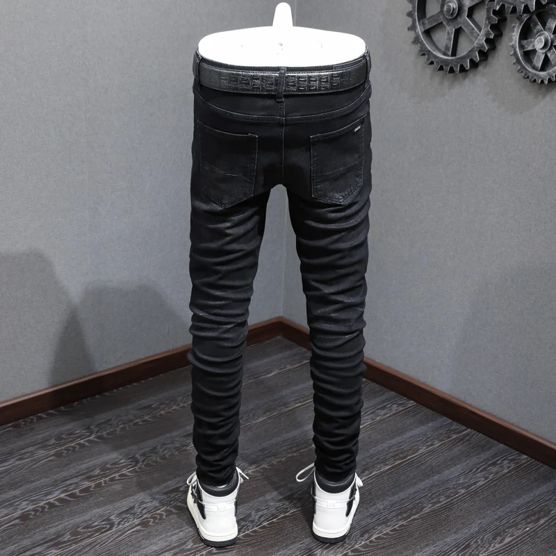 Street Fashion Men Jeans Retro Black Gray Elastic Stretch Skinny Broken Ripped Jeans Men Patched Designer Hip Hop Brand Pants
