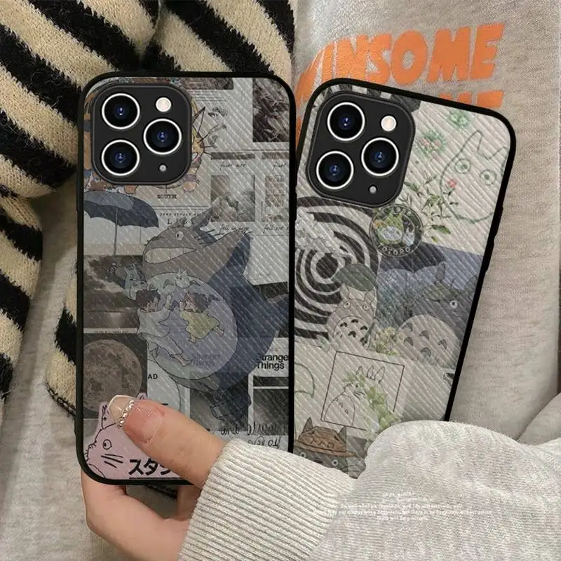 

Cartoon Anime Happy Totoro Phone Case Hard Leather Case for iPhone 11 12 13 Mini Pro Max 8 7 Plus SE 2020 X XR XS Coque