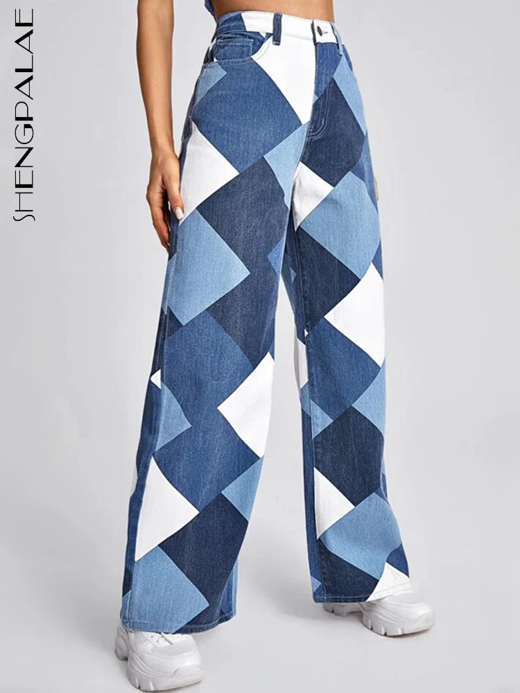 

SHENGPALAE Jeans Casual Straight Autumn 2022 New Fashion Trend Contrast Color Pockets High Waist Ladies Trousers 5QR704