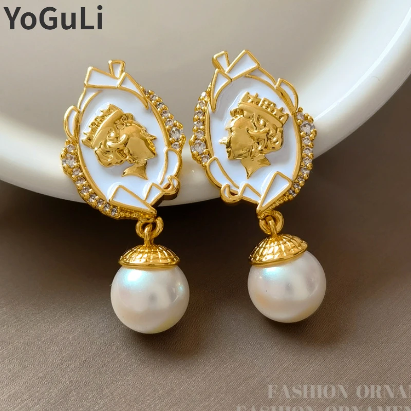 

Modern Jewelry 925 Silver Needle Elegant Temperament Portrait Glass Simulated Pearl Drop Earrings For Women Female Gift Hot Sale