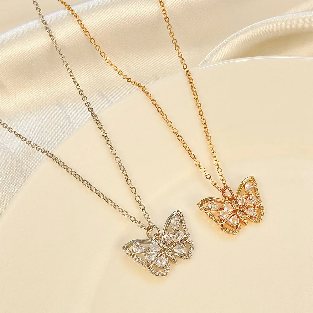 

INS Copper Inlaid Zircon Hollow Butterfly Necklace Fashion Luxury Cubic Zirconia Butterflies Pendant Collar Chain Necklace