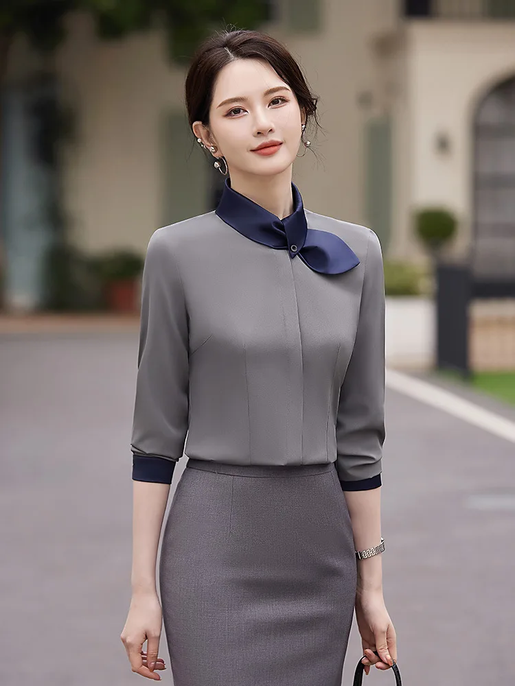 Блузка Женская Офисная с длинным рукавом Элегантная Модная стильная рубашка для