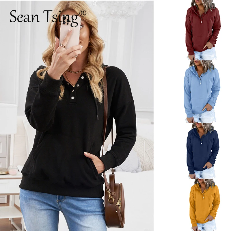 Sean Tsing® Women Hood Button Sweatshirts Winter Spring Cap Big Large Plus Sizes Ladies Turtleneck Pullovers Hooded Shirts