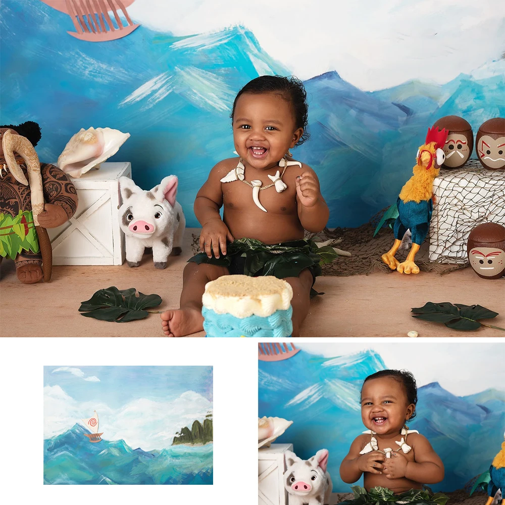 

Фон для студийной фотосъемки с изображением Моаны, малыша, вечевечерние, моря, пальмы