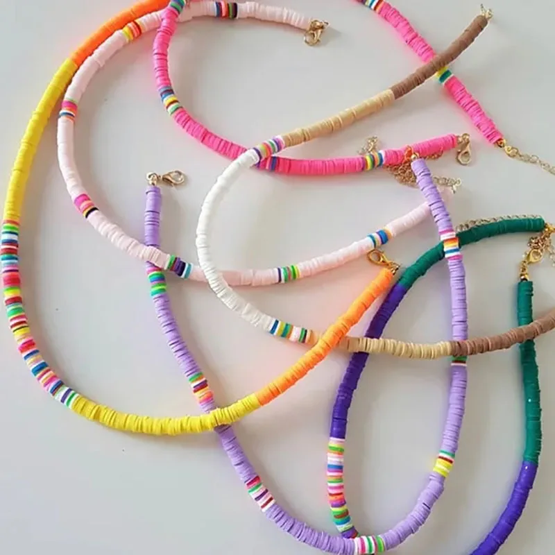

New Handmade Choker Necklace Jewelry For Women Fashion Bohemian Rainbow Polymer Clay Discs Necklace Gifts